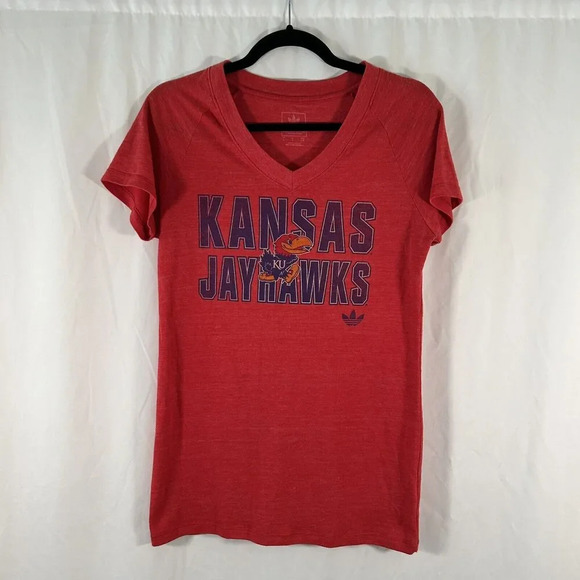 Kansas Jayhawks adidas Shirt Women's Large Red Vneck Short Sleeve Top - Picture 1 of 8